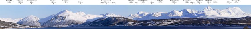 Panorama view of the Lyngen Alps over the Balsfjorde as seen from Storsteinnes in 2009 February.